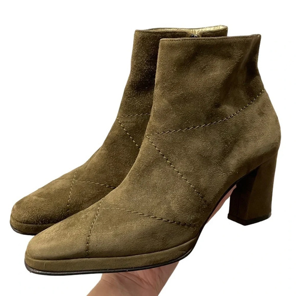 Vintage Olive Green Suede Escada Heeled Booties size 5 - Picture 1 of 15